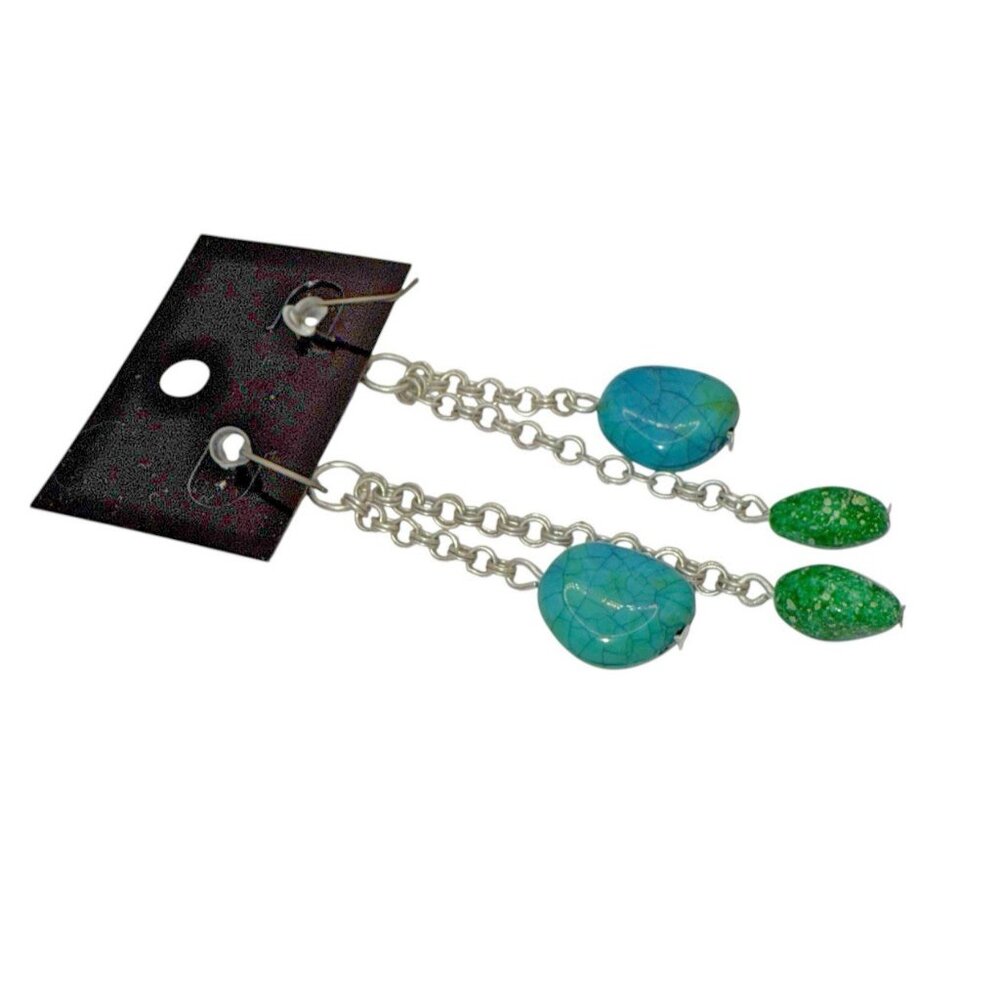 Chico's Silver & Turquoise Blue Green Dangle Bead 3" Earrings NEW - Picture 4 of 4